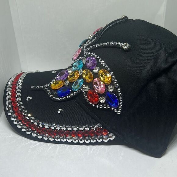 Butterfly Bling Hat – Black Baseball Cap with Colorful Rhinestones & Jewels - Picture 2 of 5